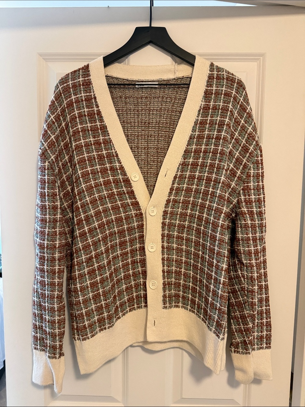 Zara Brown Plaid Cardigan with Cream Trim - Knit / Crochet Style